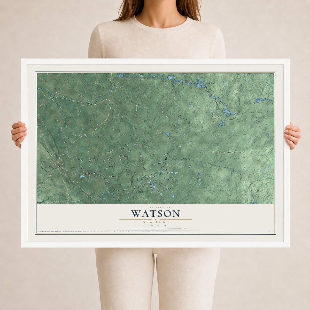 Watson, New York map print, 24" x 36" W/ White Ayous Wood Frame mockup