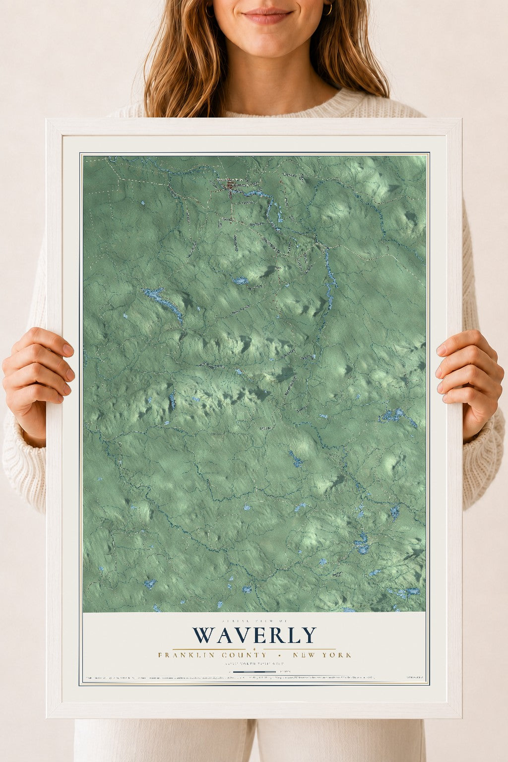 Waverly, New York map print, 18" x 24" W/ White Ayous Wood Frame mockup