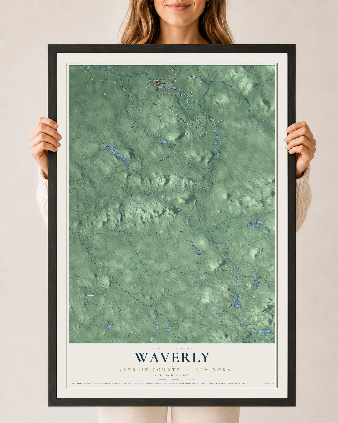 Waverly, New York map print, 24" x 36" W/ Black Ayous Wood Frame mockup