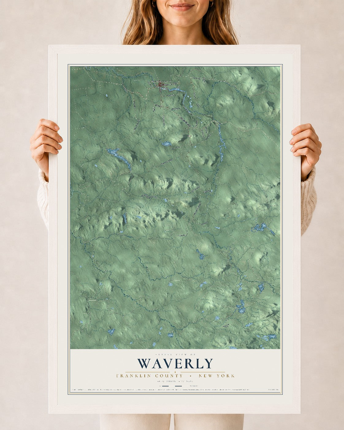 Waverly, New York map print, 24" x 36" W/ White Ayous Wood Frame mockup