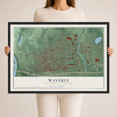 Waverly, New York map print, 24" x 36" W/ Black Ayous Wood Frame mockup