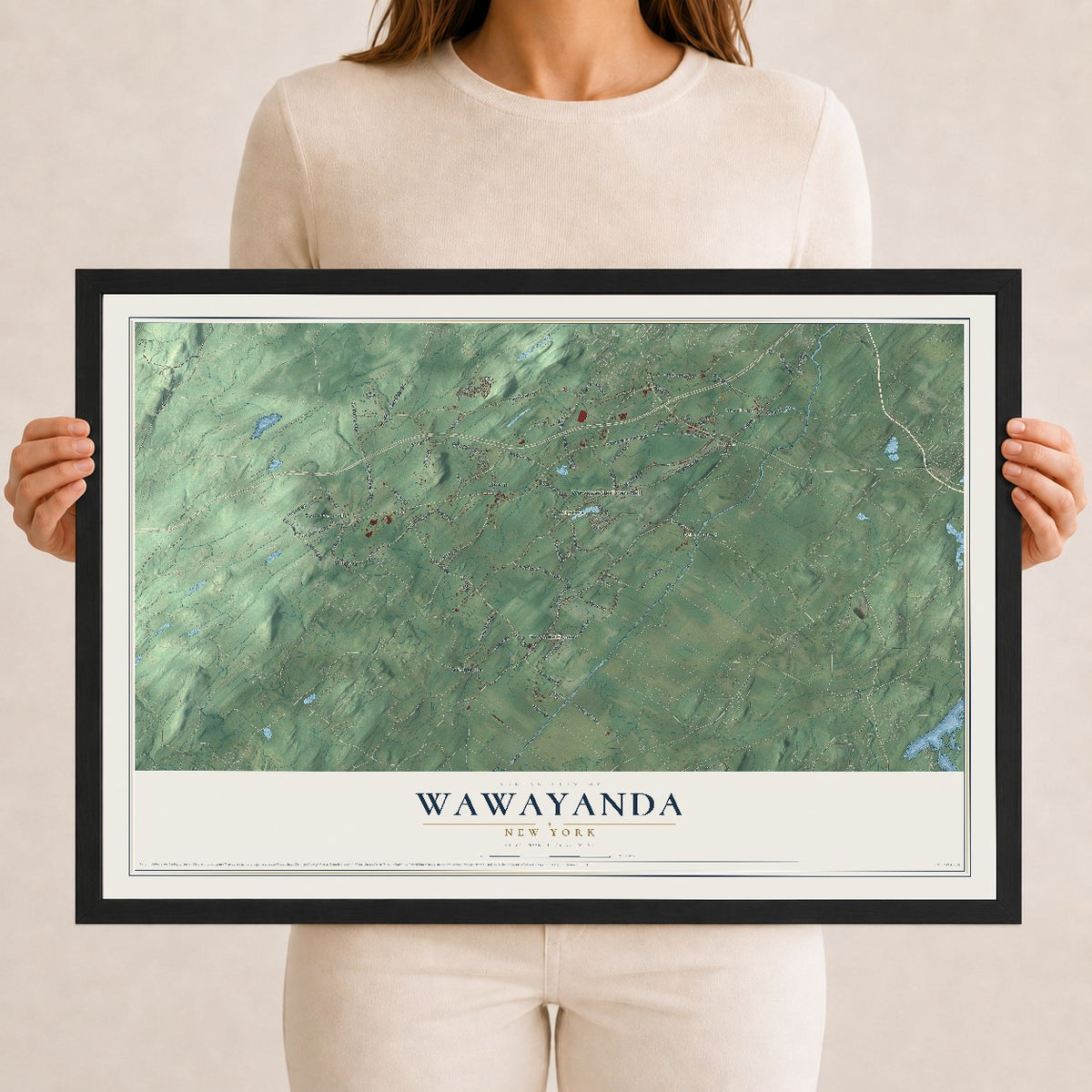 Wawayanda, New York map print, 12" x 18" W/ Black Ayous Wood Frame mockup