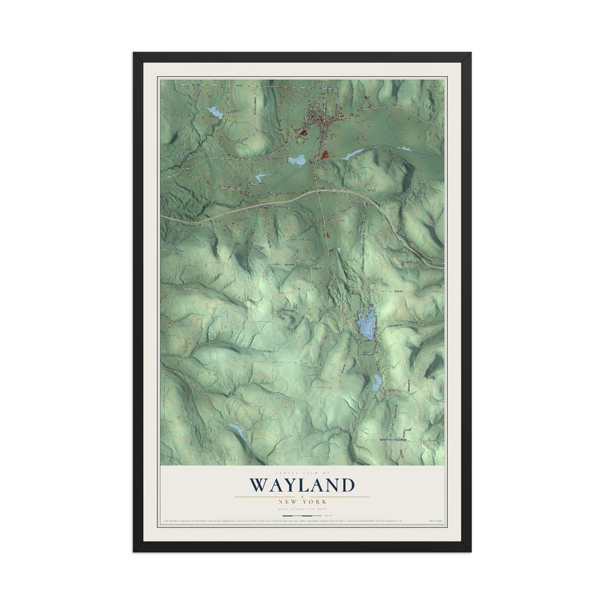 Wayland, New York map print, 12" x 18" W/ Black Ayous Wood Frame mockup