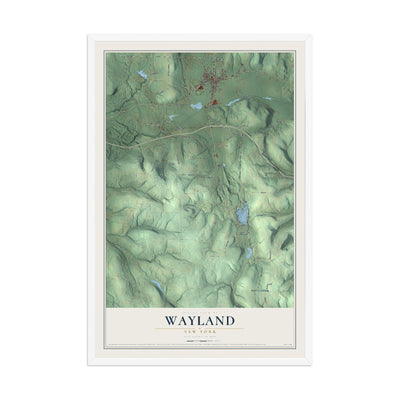 Wayland, New York map print, 12" x 18" W/ White Ayous Wood Frame mockup