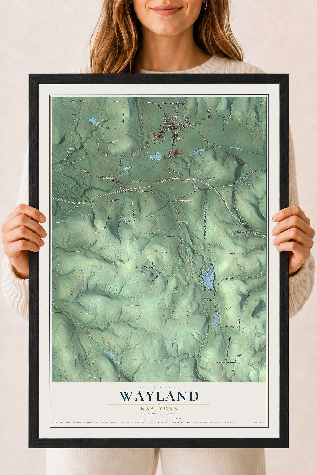 Wayland, New York map print, 18" x 24" W/ Black Ayous Wood Frame mockup