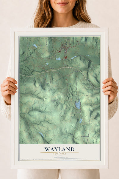 Wayland, New York map print, 18" x 24" W/ White Ayous Wood Frame mockup