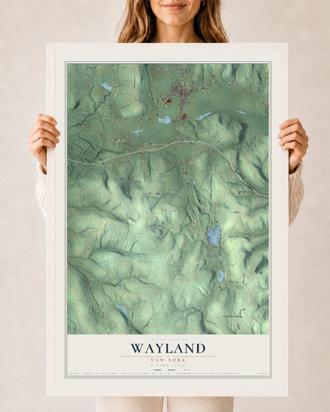 Wayland, New York map print, 24" x 36" W/ White Ayous Wood Frame mockup