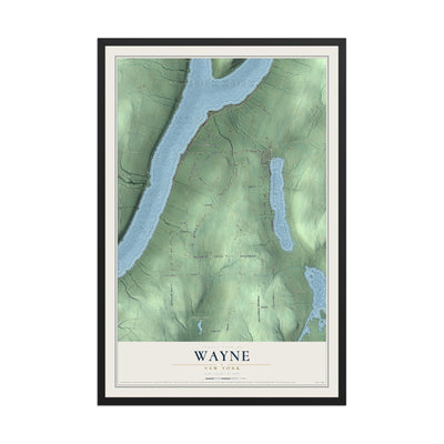 Wayne, New York map print, 12" x 18" W/ Black Ayous Wood Frame mockup