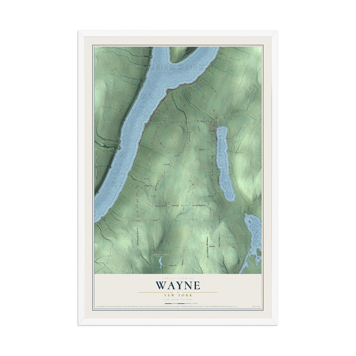 Wayne, New York map print, 12" x 18" W/ White Ayous Wood Frame mockup