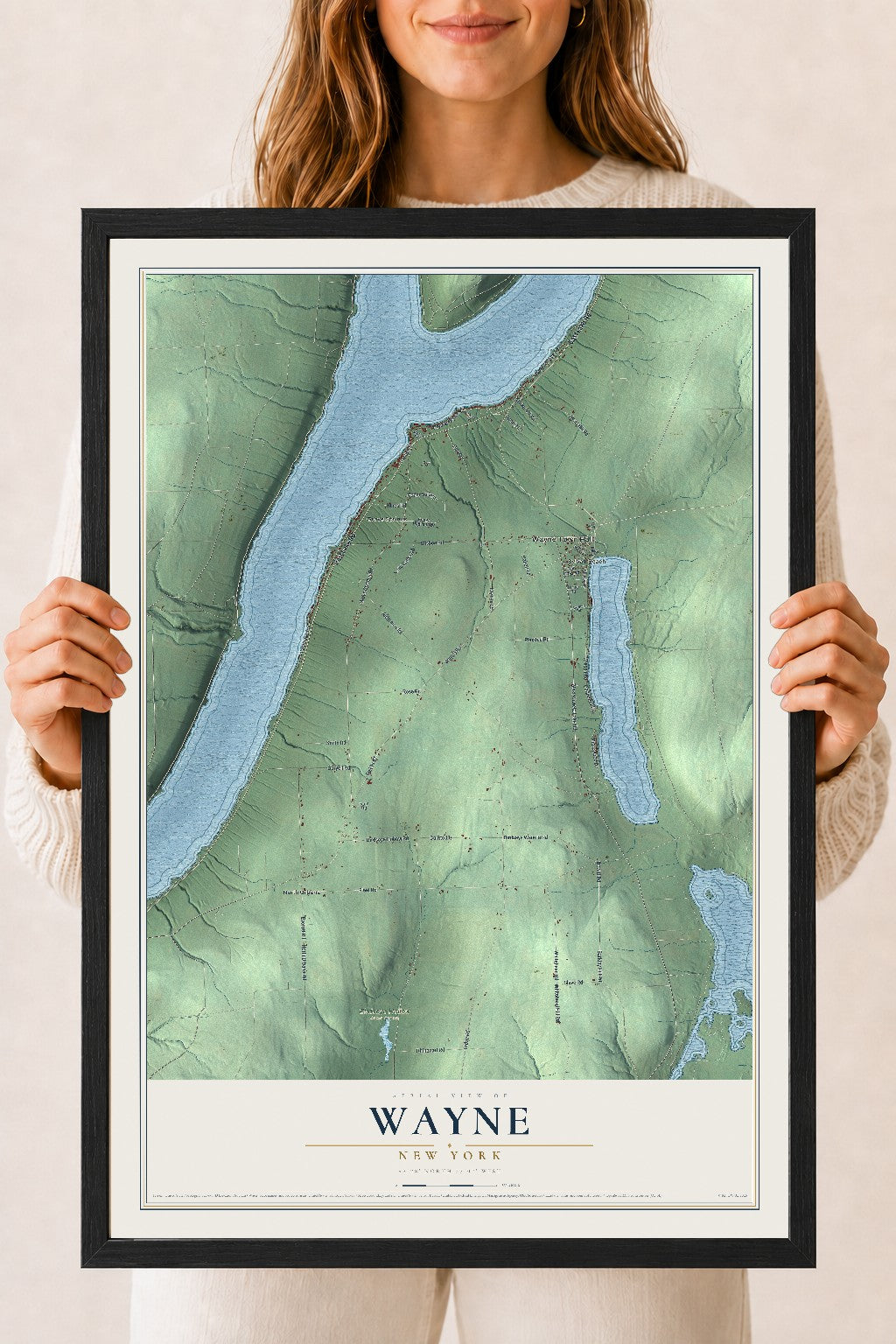 Wayne, New York map print, 18" x 24" W/ Black Ayous Wood Frame mockup
