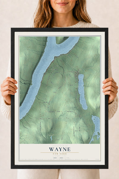 Wayne, New York map print, 18" x 24" W/ Black Ayous Wood Frame mockup