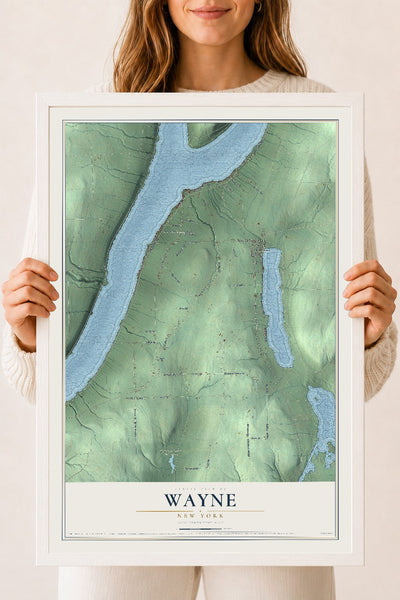 Wayne, New York map print, 18" x 24" W/ White Ayous Wood Frame mockup