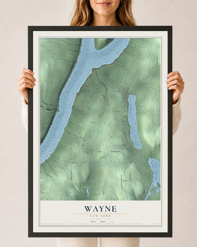 Wayne, New York map print, 24" x 36" W/ Black Ayous Wood Frame mockup