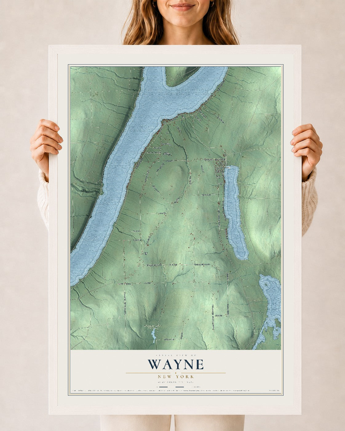 Wayne, New York map print, 24" x 36" W/ White Ayous Wood Frame mockup