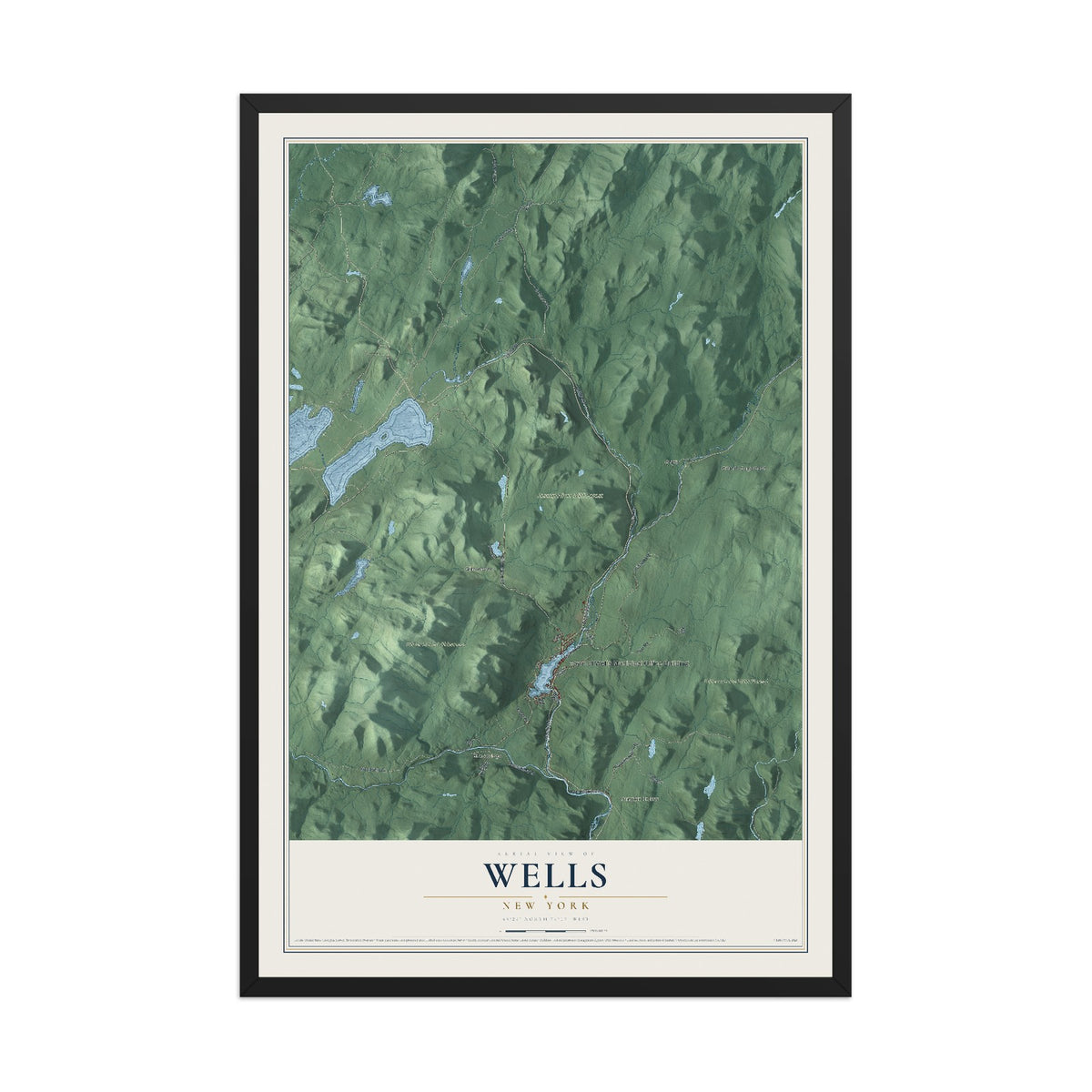 Wells, New York map print, 12" x 18" W/ Black Ayous Wood Frame mockup