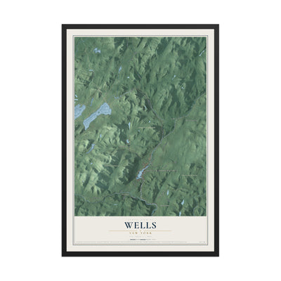 Wells, New York map print, 12" x 18" W/ Black Ayous Wood Frame mockup
