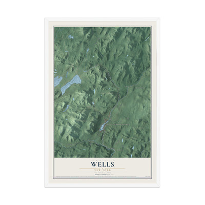 Wells, New York map print, 12" x 18" W/ White Ayous Wood Frame mockup