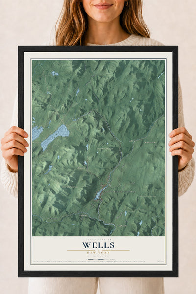 Wells, New York map print, 18" x 24" W/ Black Ayous Wood Frame mockup