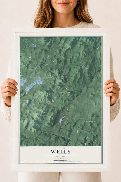 Wells, New York map print, 18" x 24" W/ White Ayous Wood Frame mockup