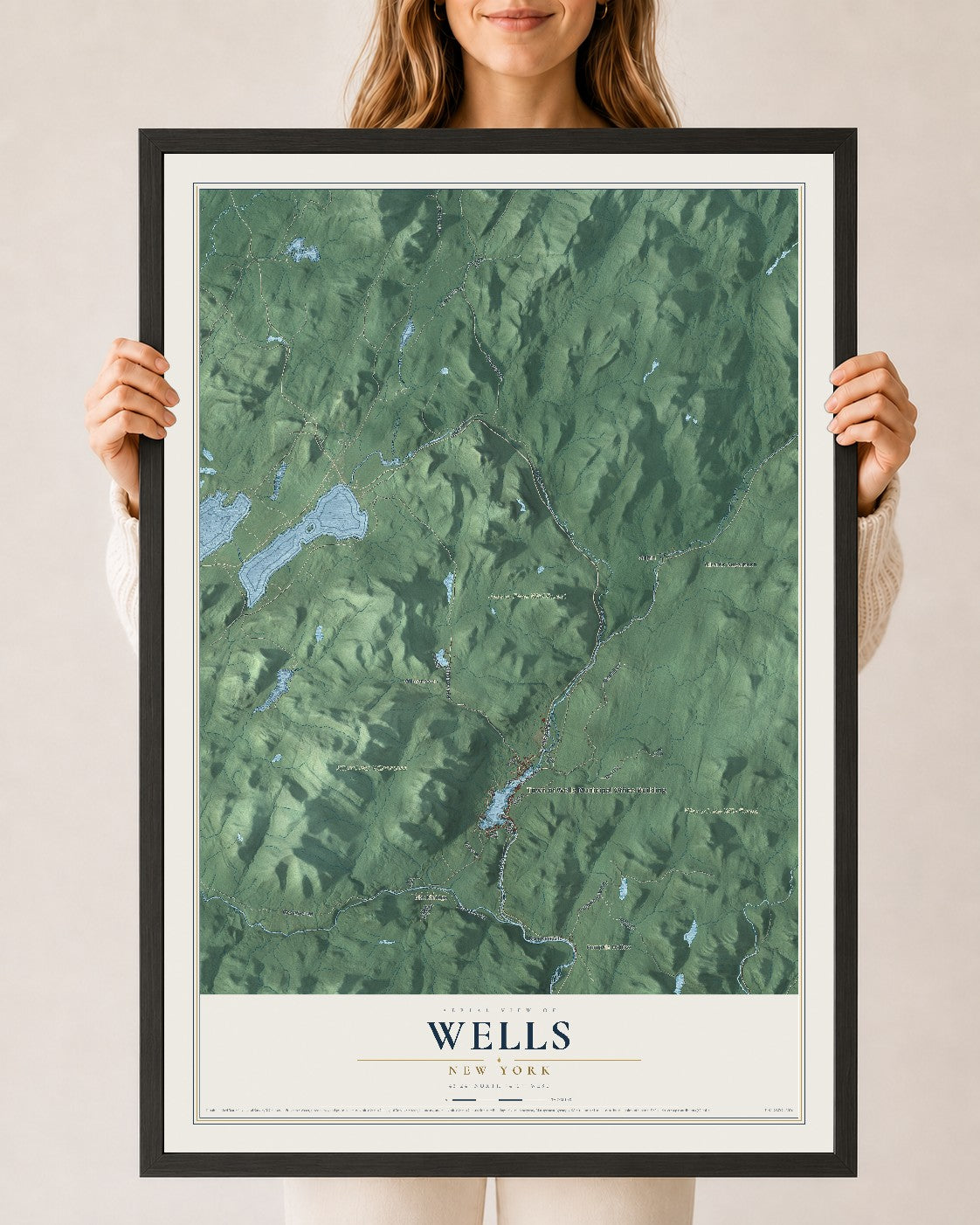 Wells, New York map print, 24" x 36" W/ Black Ayous Wood Frame mockup