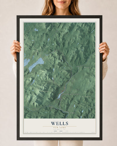 Wells, New York map print, 24" x 36" W/ Black Ayous Wood Frame mockup