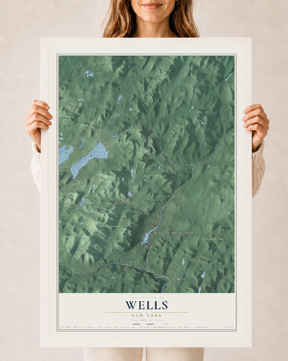 Wells, New York map print, 24" x 36" W/ White Ayous Wood Frame mockup