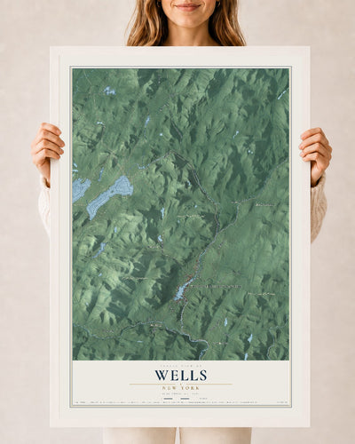 Wells, New York map print, 24" x 36" W/ White Ayous Wood Frame mockup