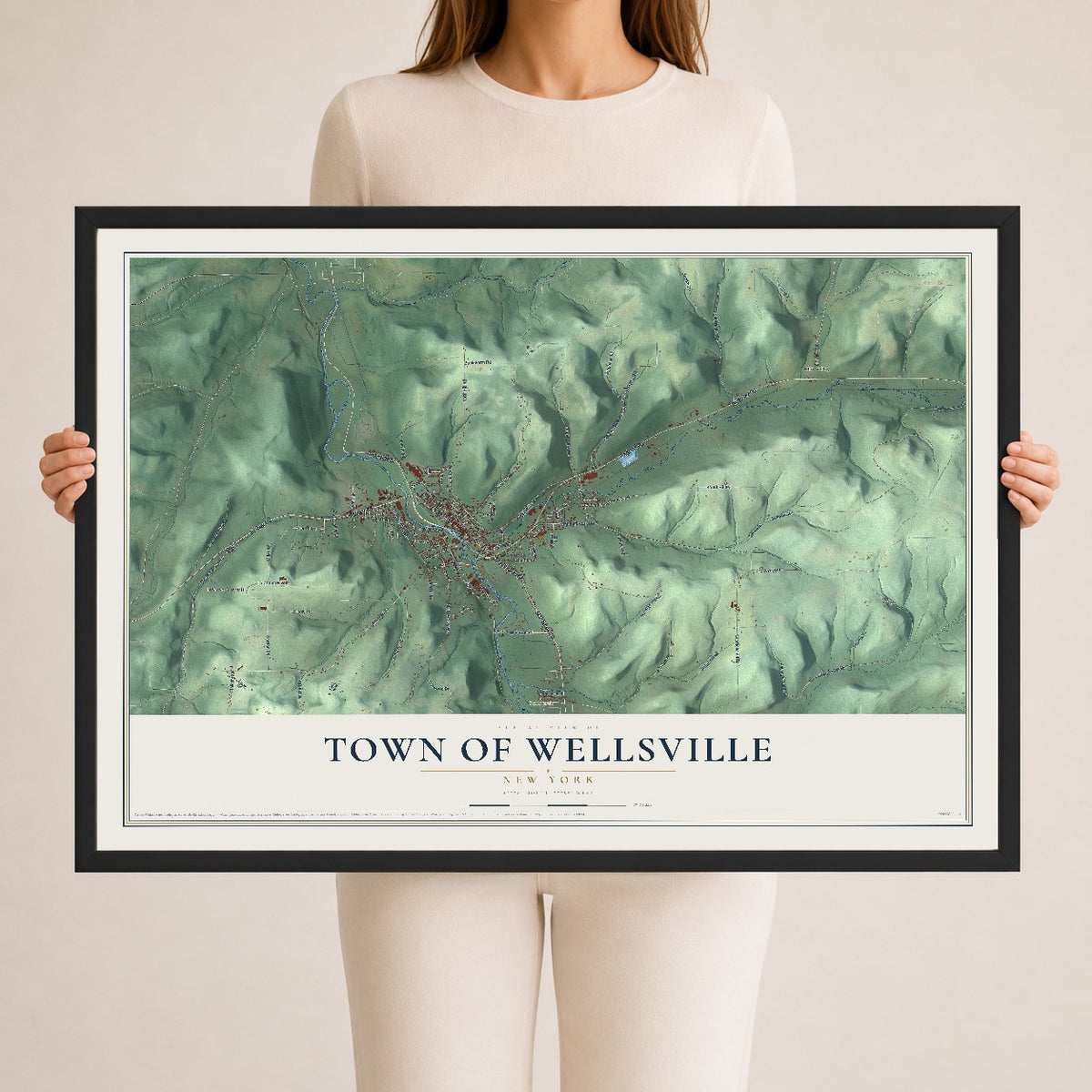 Wellsville, New York map print, 24" x 36" W/ Black Ayous Wood Frame mockup
