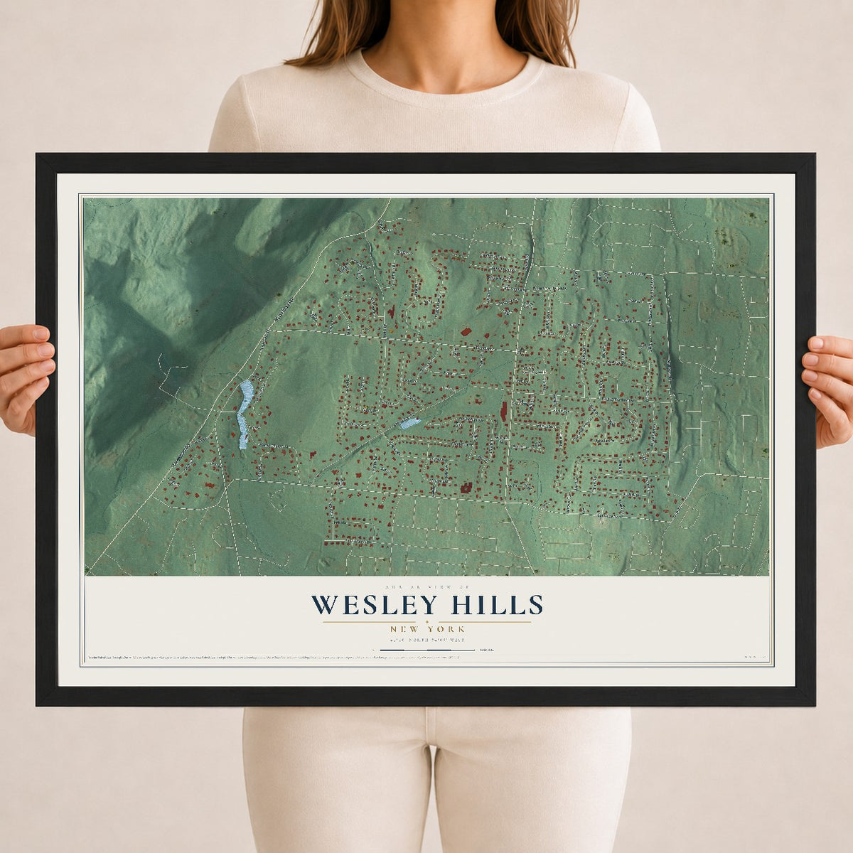 Wesley Hills, New York map print, 18" x 24" W/ Black Ayous Wood Frame mockup