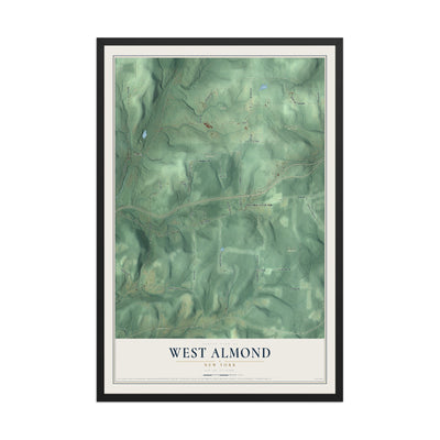 West Almond, New York map print, 12" x 18" W/ Black Ayous Wood Frame mockup
