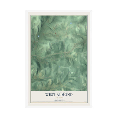 West Almond, New York map print, 12" x 18" W/ White Ayous Wood Frame mockup