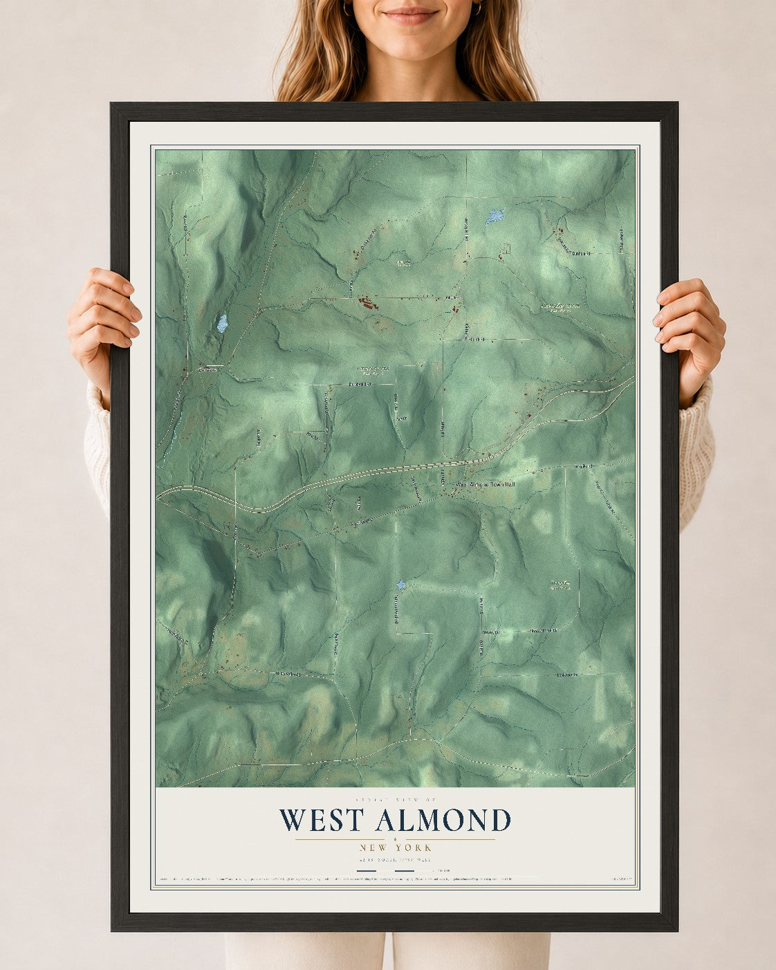 West Almond, New York map print, 24" x 36" W/ Black Ayous Wood Frame mockup