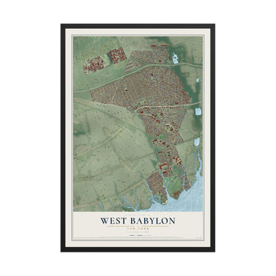 West Babylon, New York map print, 12" x 18" W/ Black Ayous Wood Frame mockup