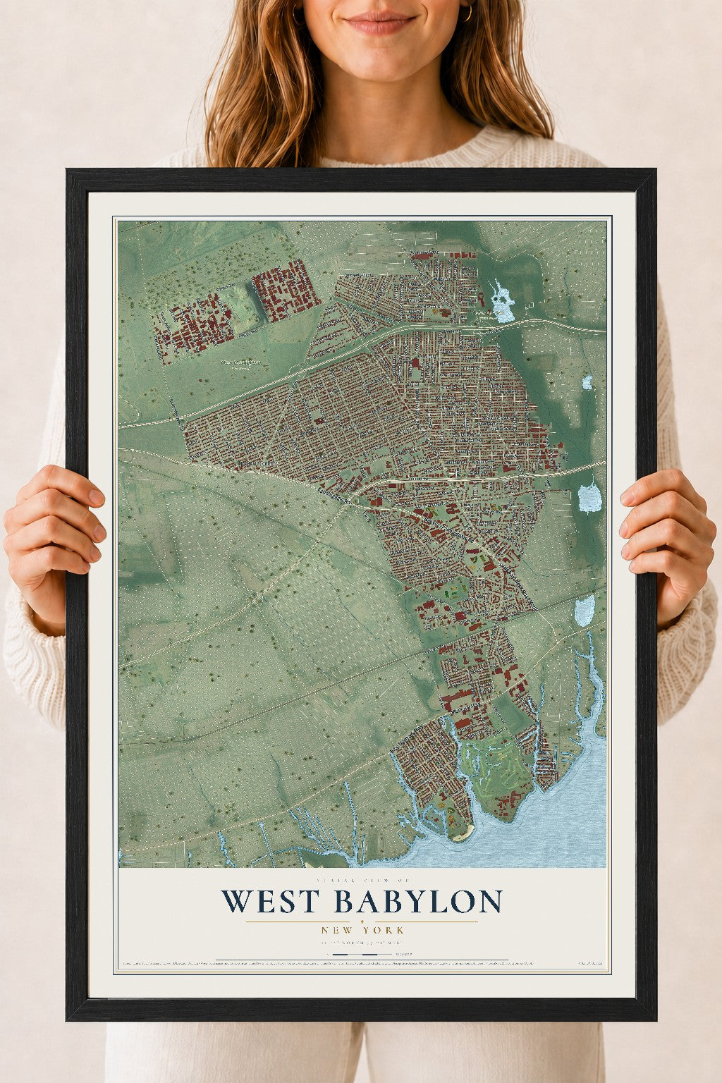 West Babylon, New York map print, 18" x 24" W/ Black Ayous Wood Frame mockup