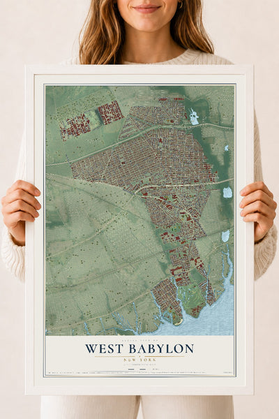 West Babylon, New York map print, 18" x 24" W/ White Ayous Wood Frame mockup