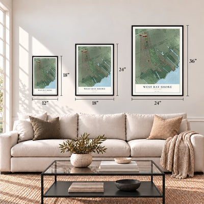 West Bay Shore, New York map in 12 x 18, 18 x 24 and 24 x 36 inch sizes above a sofa