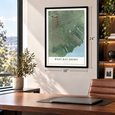 West Bay Shore, New York map, 18 x 24 inch print in a black frame in a home office