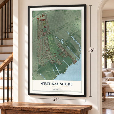 West Bay Shore, New York map, 24 x 36 inch print in a black frame by a staircase