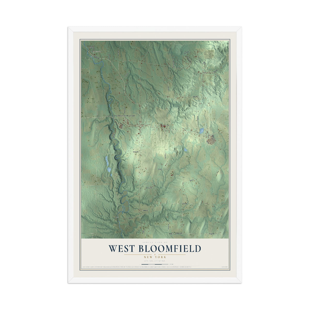 West Bloomfield, New York map print, 12" x 18" W/ White Ayous Wood Frame mockup