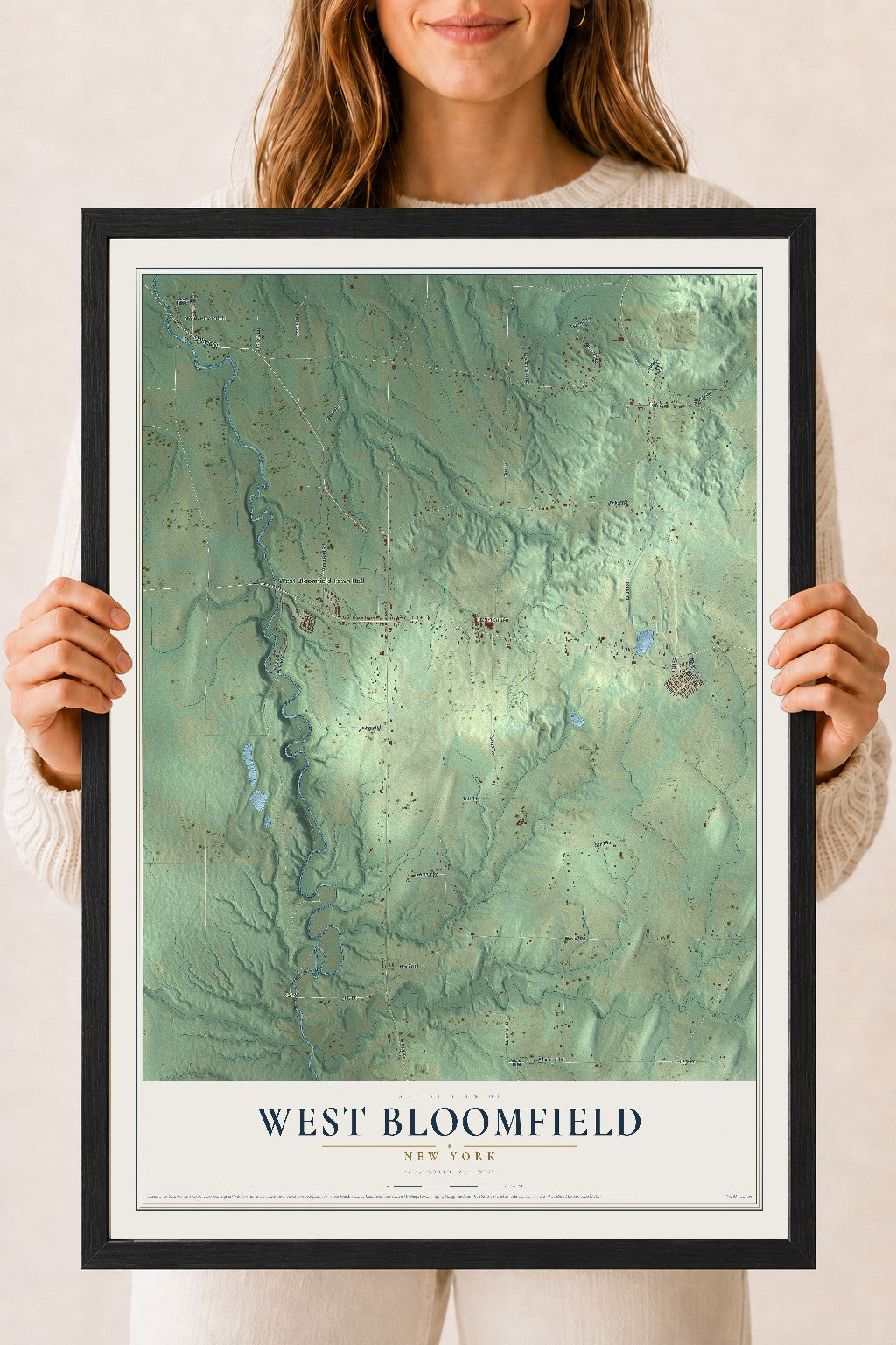 West Bloomfield, New York map print, 18" x 24" W/ Black Ayous Wood Frame mockup