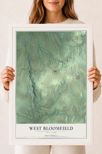 West Bloomfield, New York map print, 18" x 24" W/ White Ayous Wood Frame mockup
