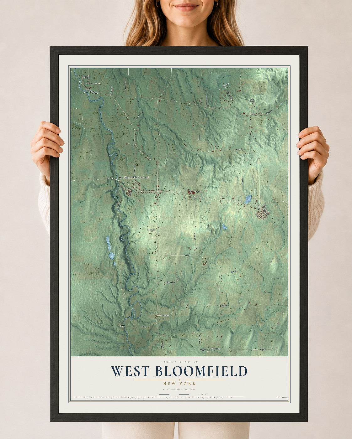 West Bloomfield, New York map print, 24" x 36" W/ Black Ayous Wood Frame mockup