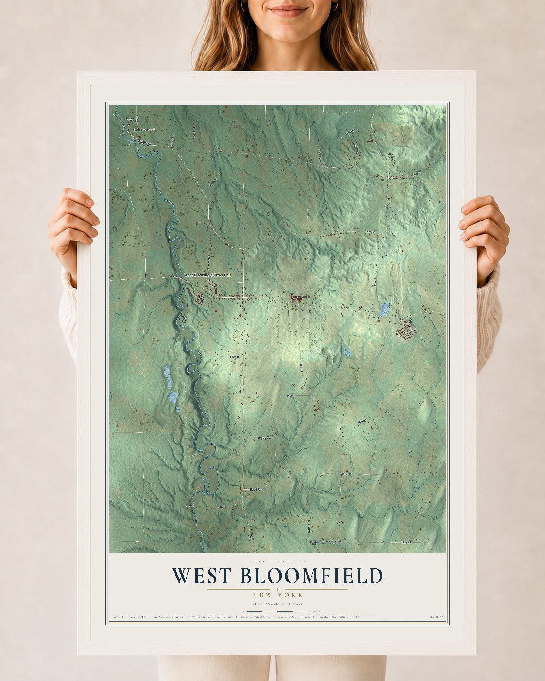 West Bloomfield, New York map print, 24" x 36" W/ White Ayous Wood Frame mockup