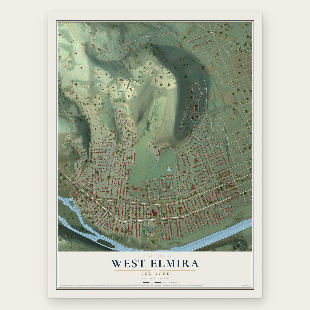 West Elmira, New York map print, the full design