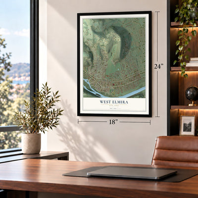 West Elmira, New York map, 18 x 24 inch print in a black frame in a home office