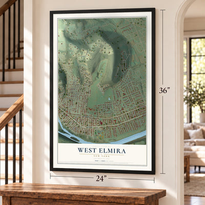West Elmira, New York map, 24 x 36 inch print in a black frame by a staircase