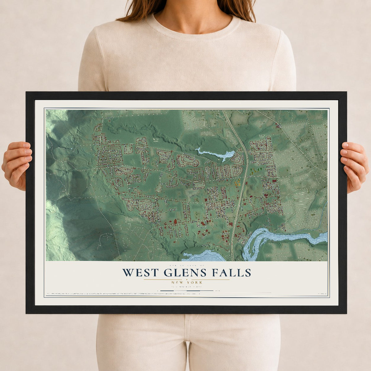 West Glens Falls, New York map print, 12" x 18" W/ Black Ayous Wood Frame mockup