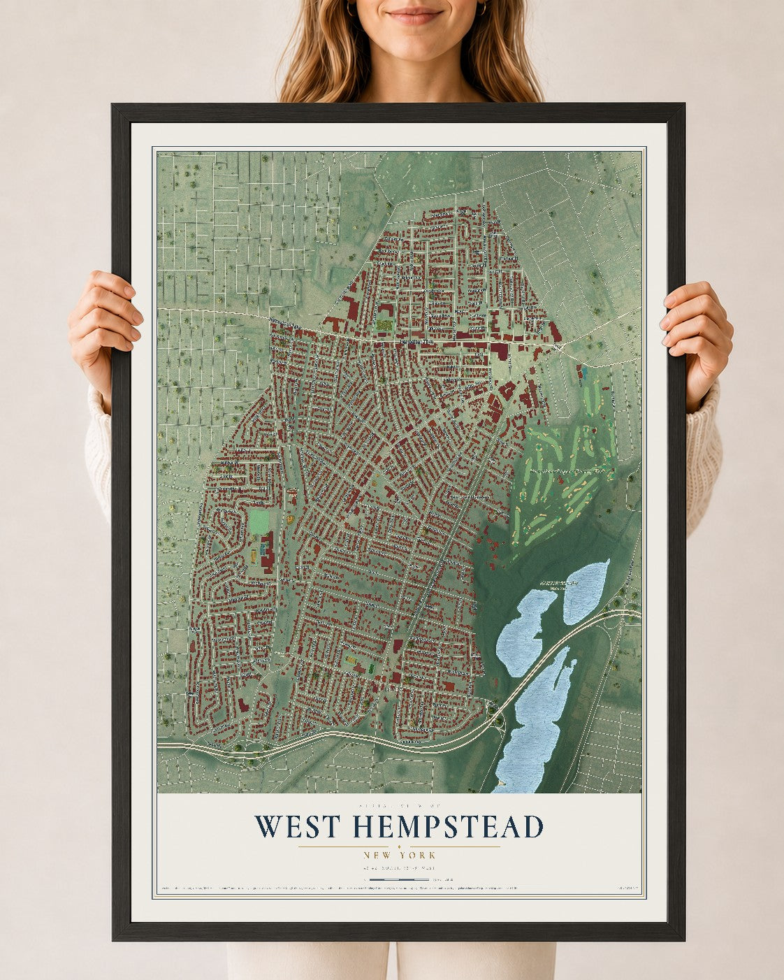 West Hempstead, New York map print, 24" x 36" W/ Black Ayous Wood Frame mockup