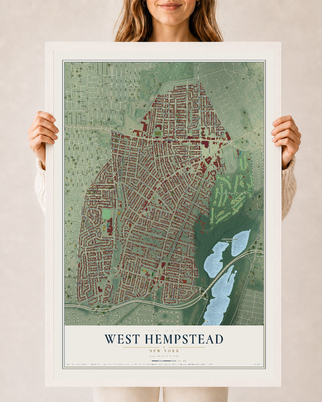 West Hempstead, New York map print, 24" x 36" W/ White Ayous Wood Frame mockup
