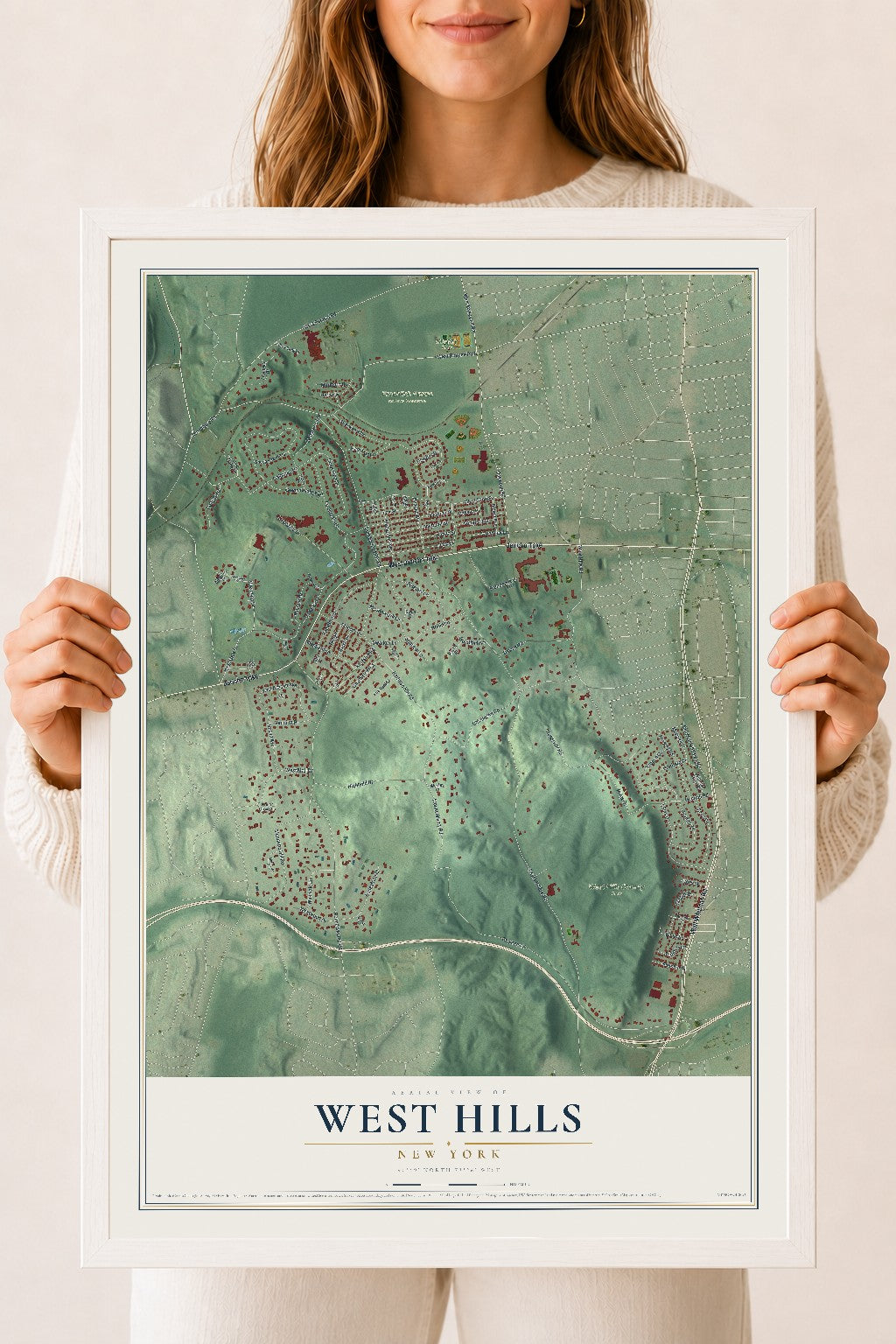 West Hills, New York map print, 18" x 24" W/ White Ayous Wood Frame mockup